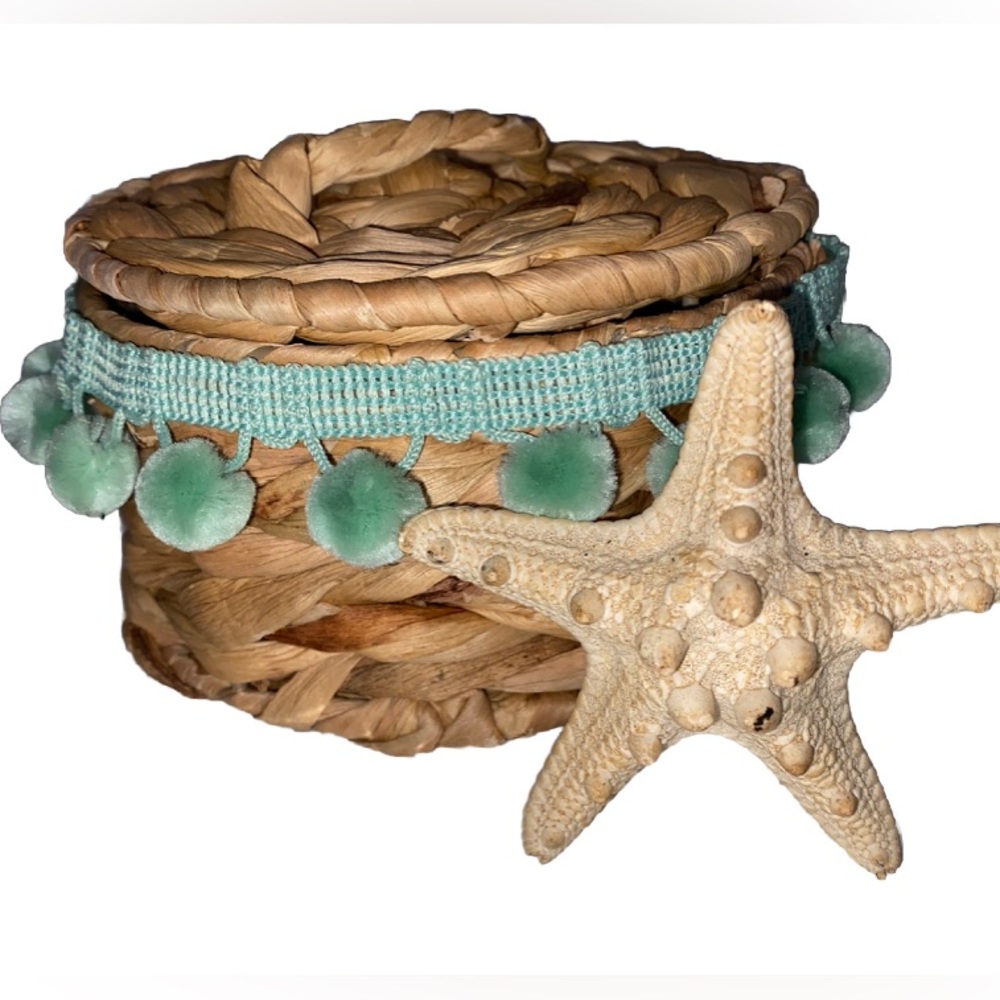 Beautiful Handmade Water Hyacinth Trinket with Aqua Pom Pom Trim